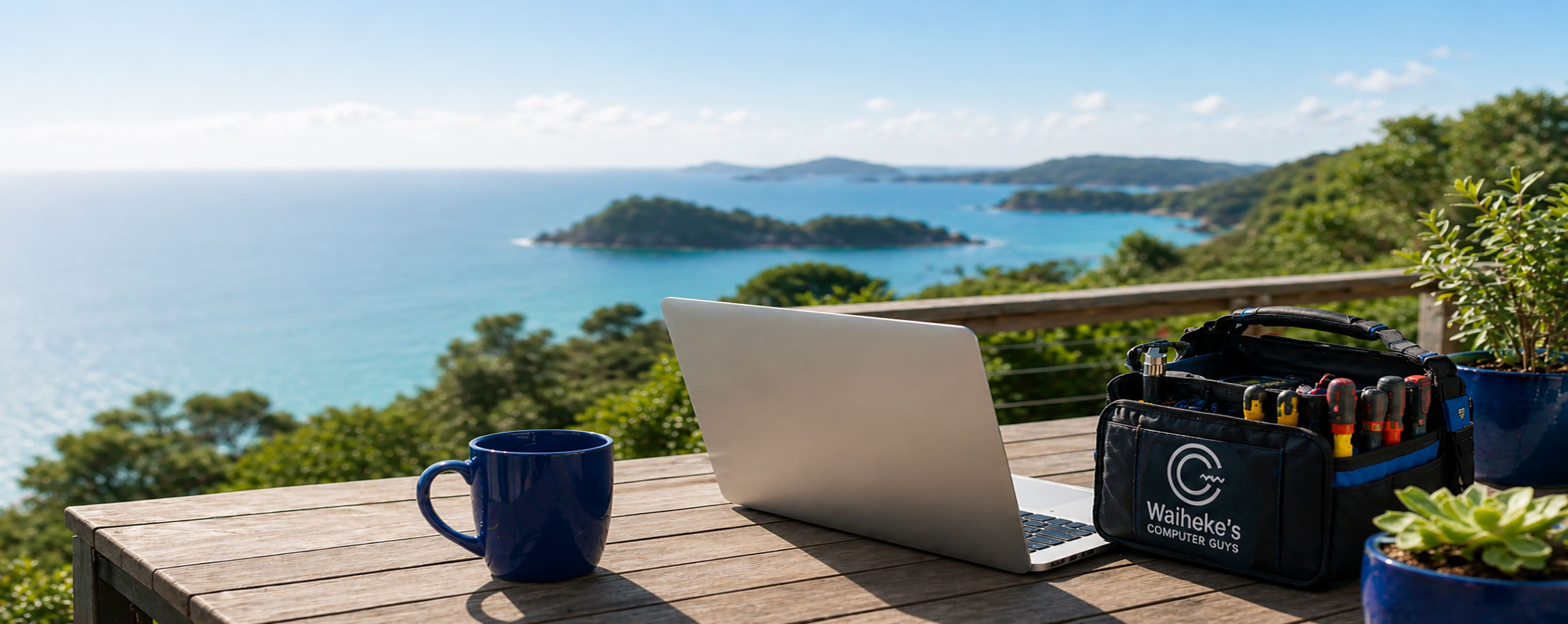 An image of a laptop that is being repaired, outdoors, with a view of Waiheke's coastal islands