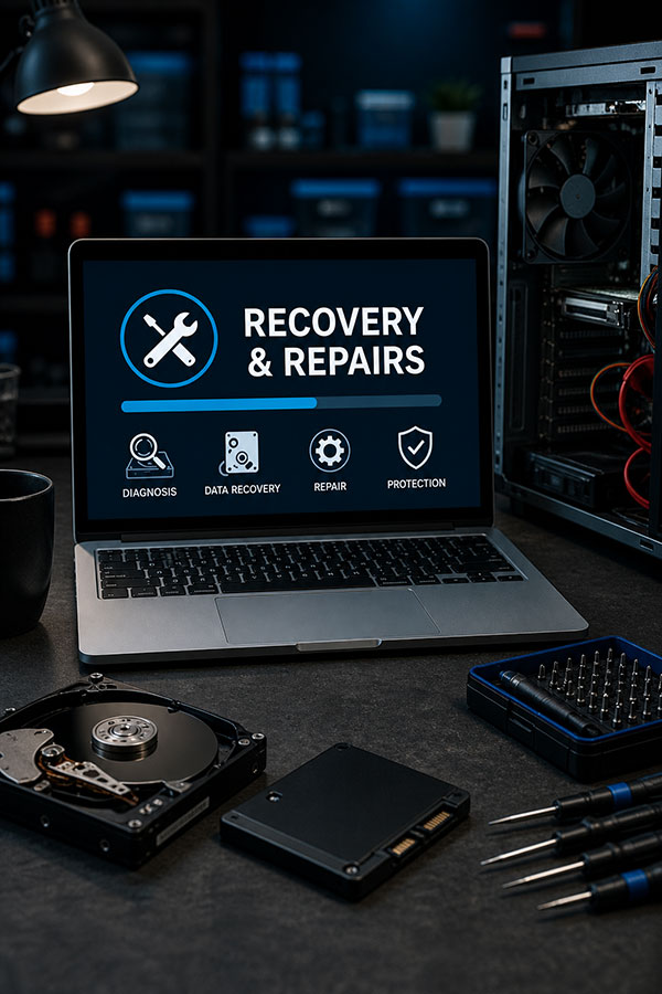 A picture of a laptop on a technician's work bench and it says on the screen Recovery and Repairs